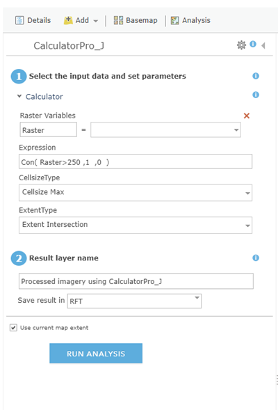 Raster function parameters dialog Raster function parameters dialog